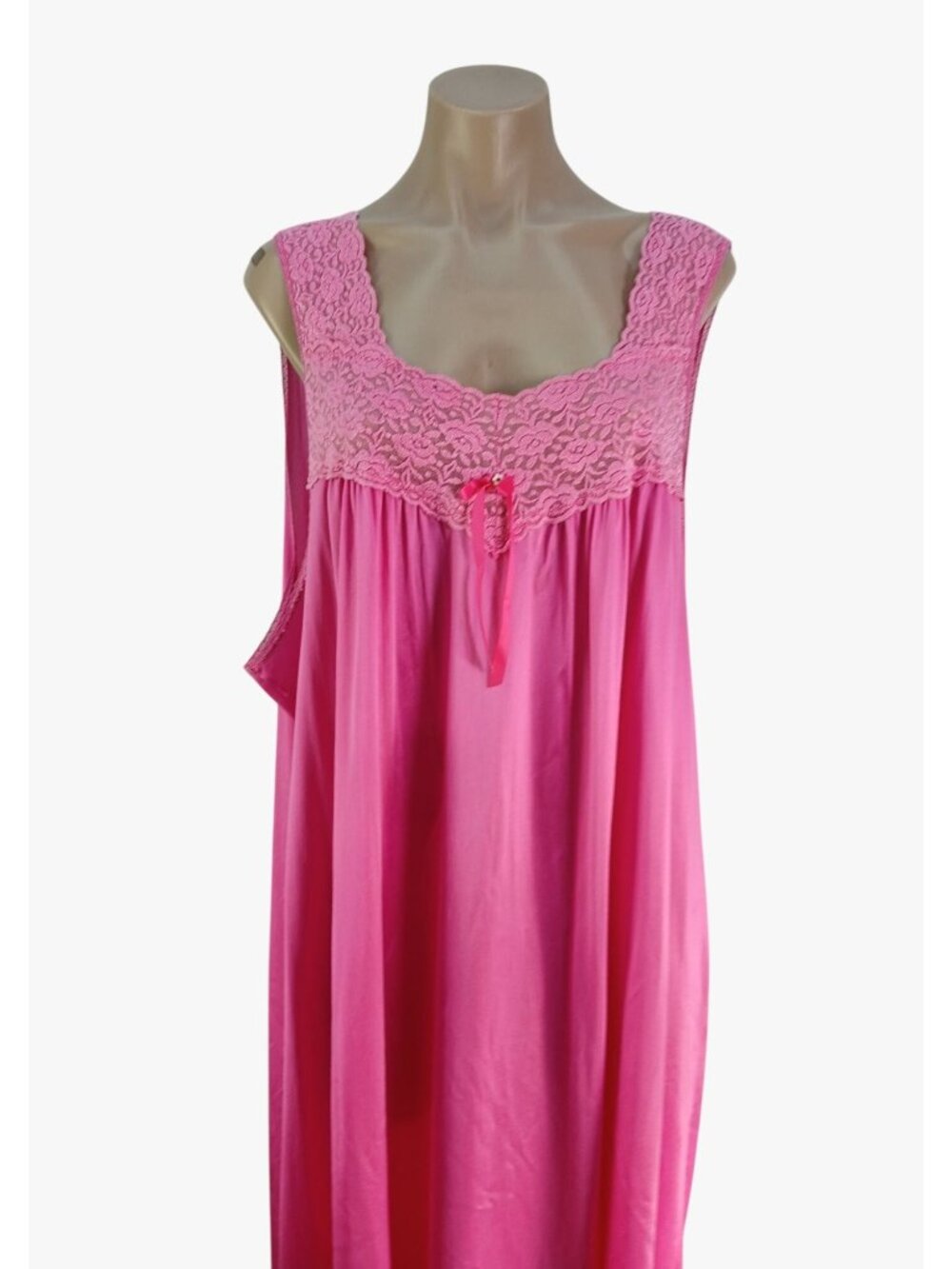 Vintage Vanity Fair Bright Pink Sleeveless Nightgown Size XXXL Lace Bodice Bow - Picture 2 of 10